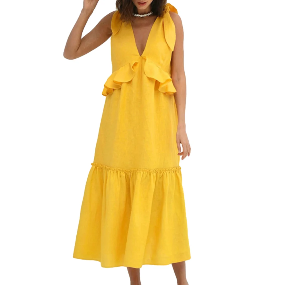 Women Summer Casual Long Dress Solid Color V-Neck Tie Knot Shoulder Sleeveless Dress Fashion Ruffles Beach Holiday Dress