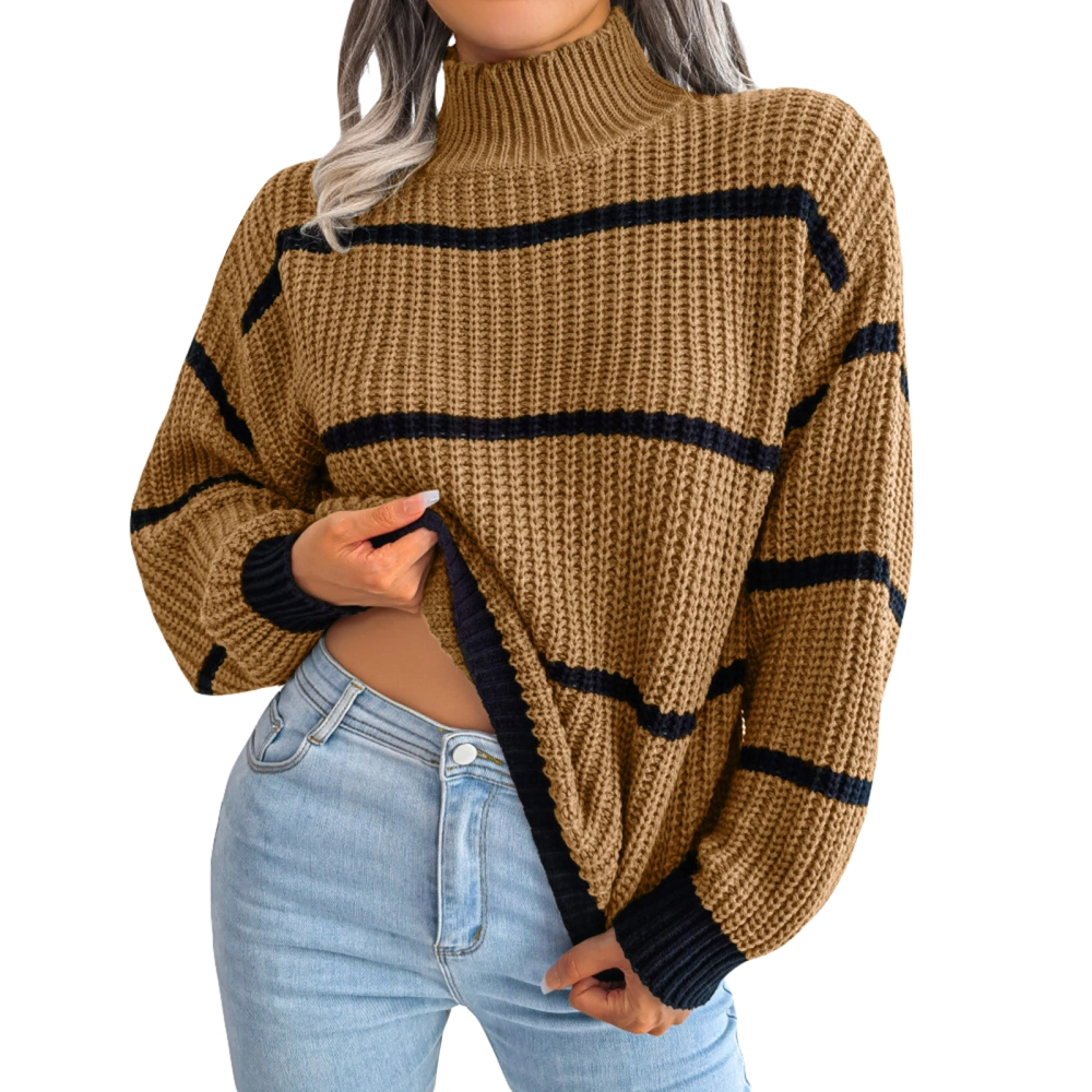 Women Loose Knit Sweater Stripe Long Sleeve Pullovers Spring Fall Mock Neck Jumpers Streetwear