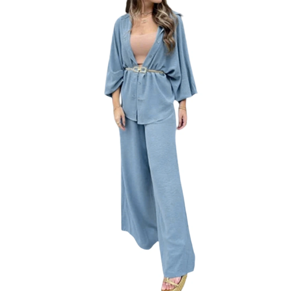 Women’s 2 Piece Pajamas Set Long Lantern Sleeve Button Up Shirt + Pants Set Loungewear