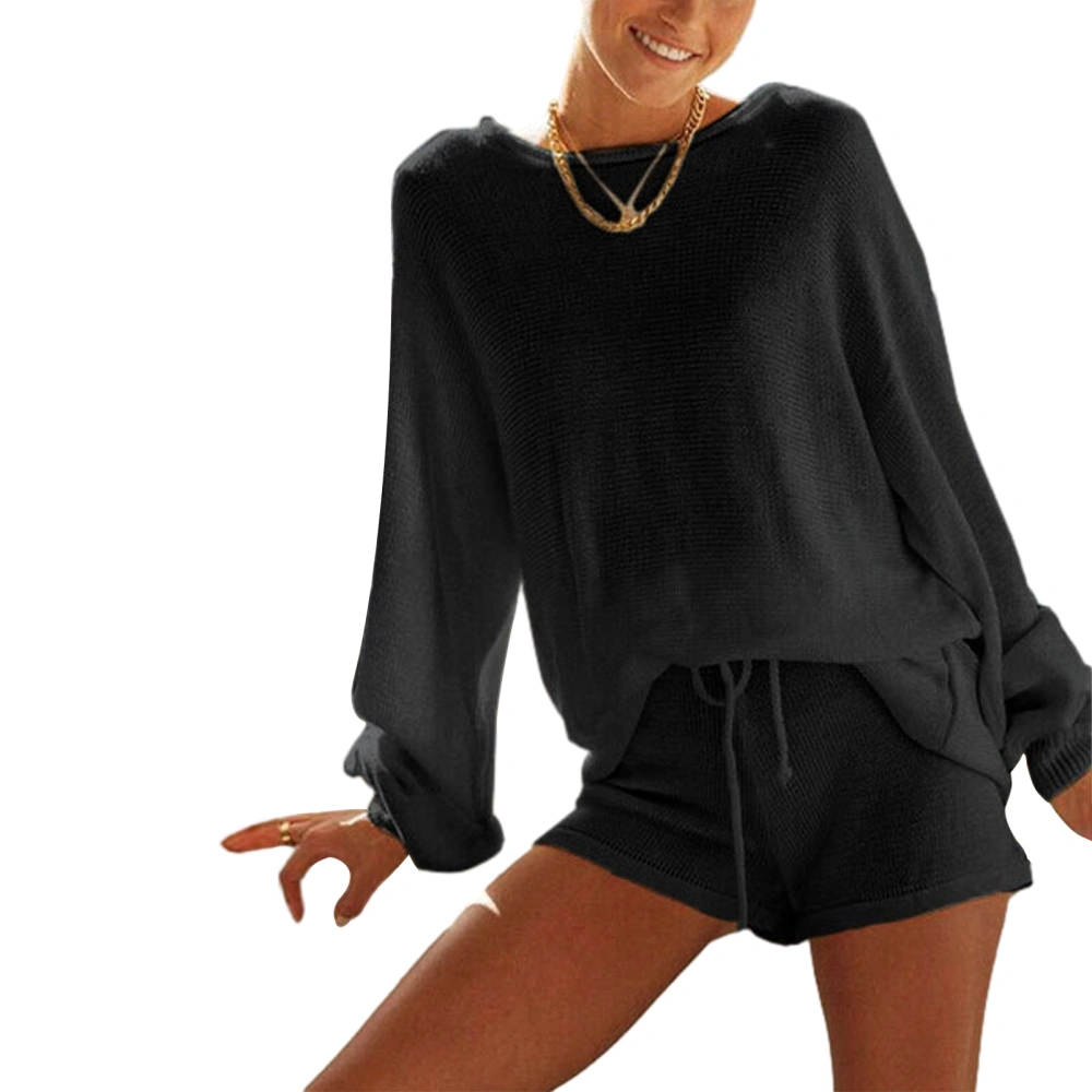 Women’s Two Piece Fall Outfits Long Sleeve Round Neck Knit Tops and Shorts Set Loungewear