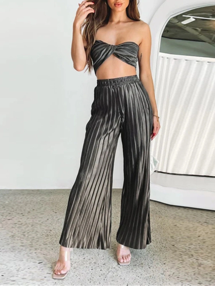 Women´s Summer 2PCS Outfit Sets Solid Color Hanging Neck Mini Vest + High Waist Wide Leg Pants