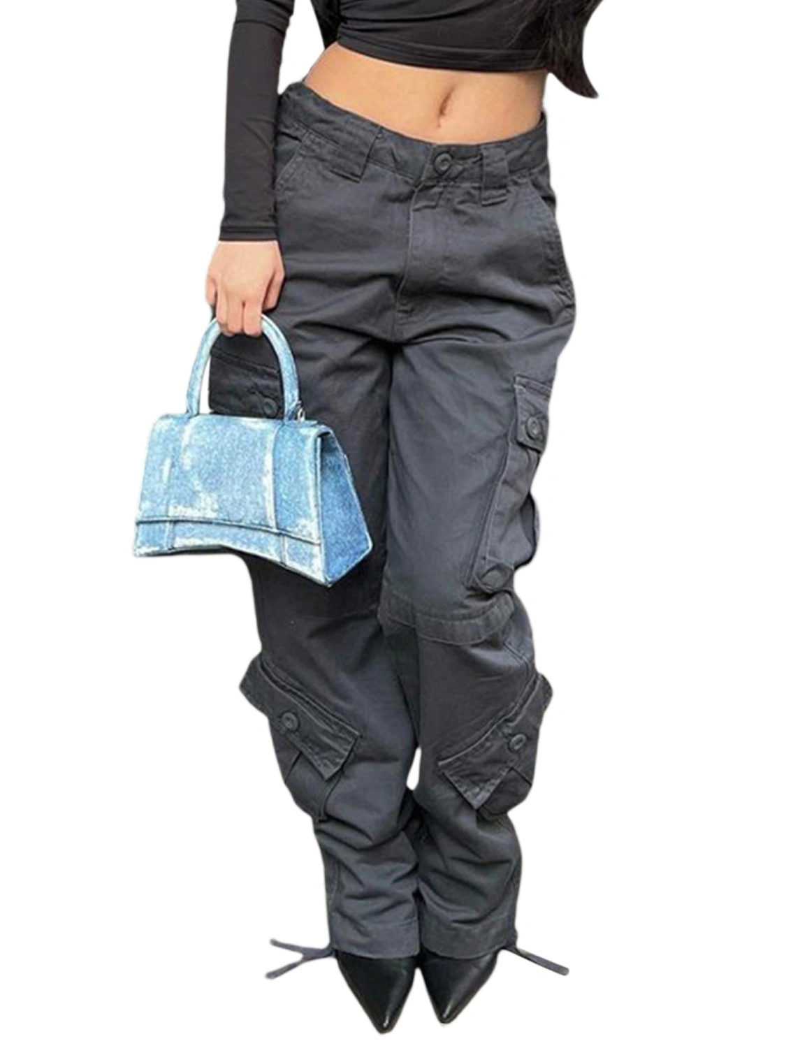 Women Denim Pants, Plain Cargo Style High Waist Washed Denim Long Jean