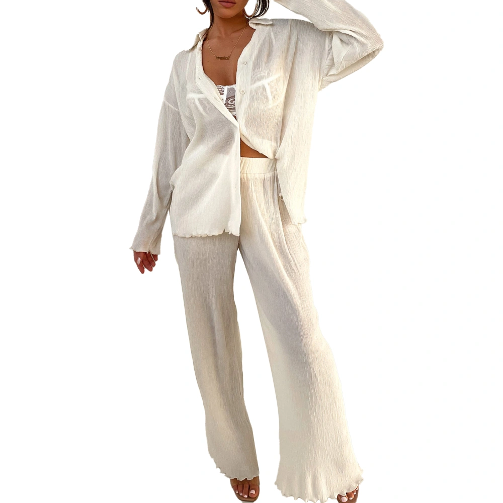 Women 2 Piece Pajamas Set Long Sleeve Button Tops and Wide Legs Pants