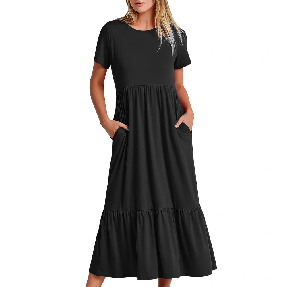 Women Long Dress, Elegant Short Sleeve Crew Neck Swing Dress Solid Loose Summer Dress with Pockets