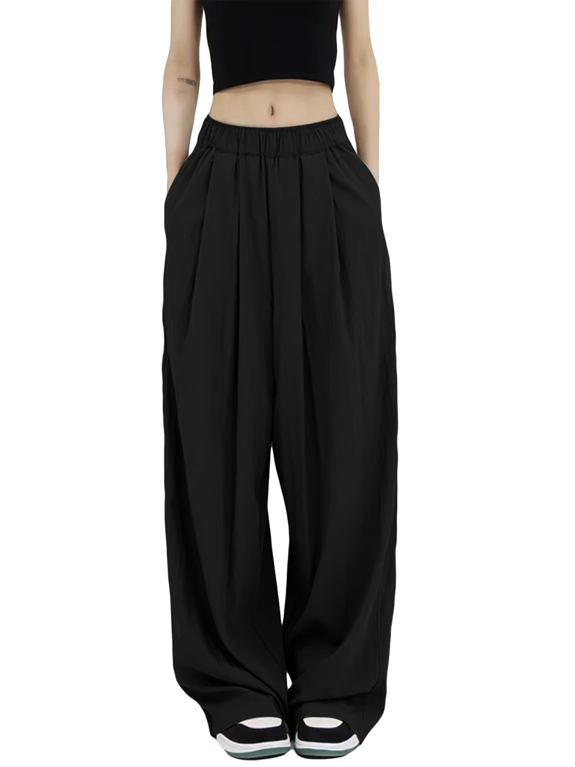 Women Wide Leg Pants Solid Color Elastic Loose Flowy Beach Trousers
