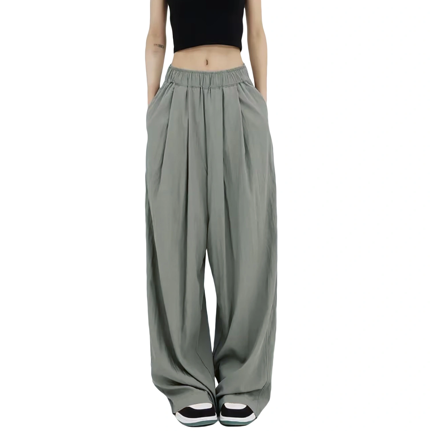 Women Wide Leg Pants Solid Color Elastic Loose Flowy Beach Trousers