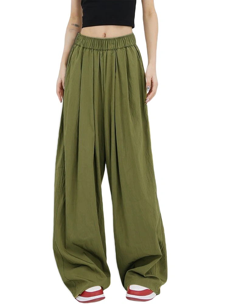 Women Wide Leg Pants Solid Color Elastic Loose Flowy Beach Trousers