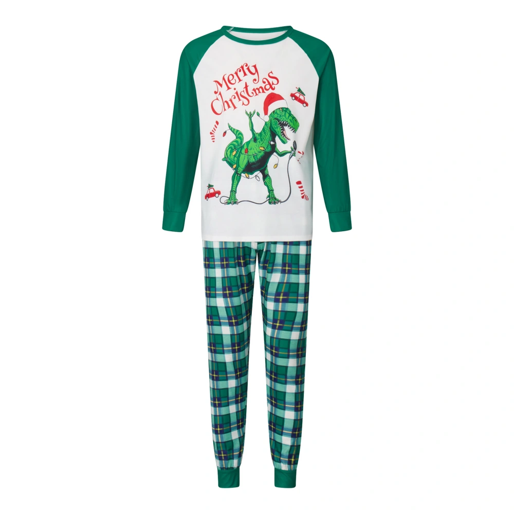 Family Cartoon Dinosaur Print Long Sleeve Tops Plaid Pants Sleepwear