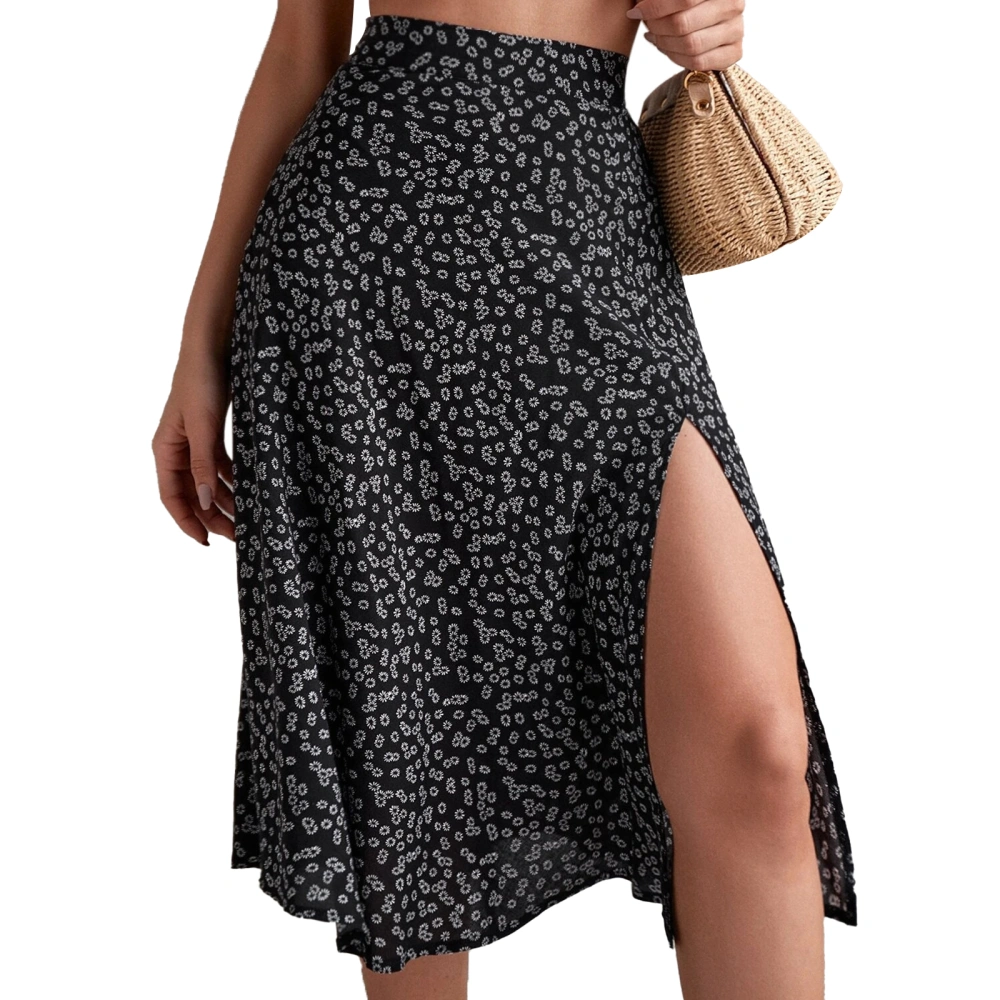 Women's A-line Midi Skirts Bohemian Floral Print High Waist Split Skirts Summer Long Skirts