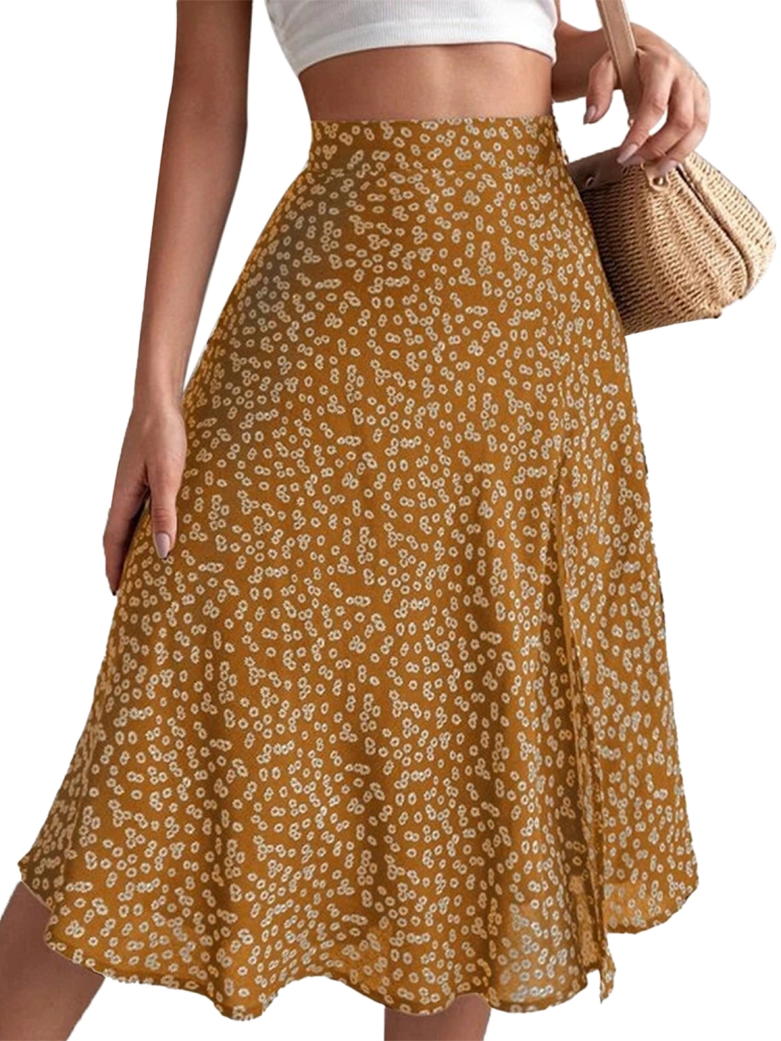 Women's A-line Midi Skirts Bohemian Floral Print High Waist Split Skirts Summer Long Skirts