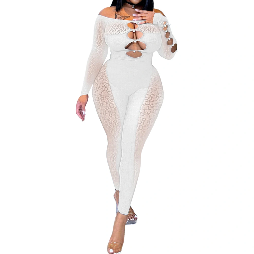 Women Jumpsuit, Long Sleeve Off-shoulder Hollowed See-through Ladies Romper for Club Party