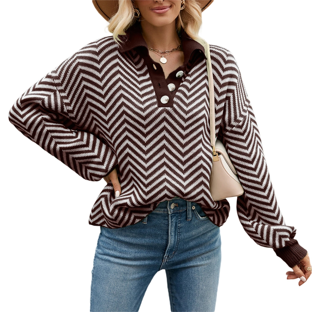 Women Stripe Knit Sweater Turn-Down Collar Buttons Long Sleeve Loose Pullovers Fall Casual Jumpers Streetwear