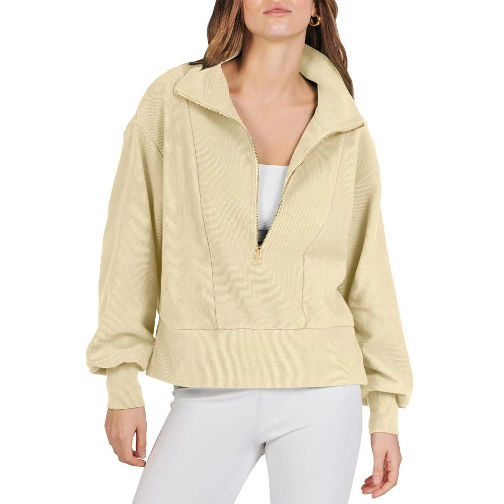 Women's Loose Pullover, Solid Color Lapel Long Sleeve Half Zip Cropped Sweatshirt Clothes