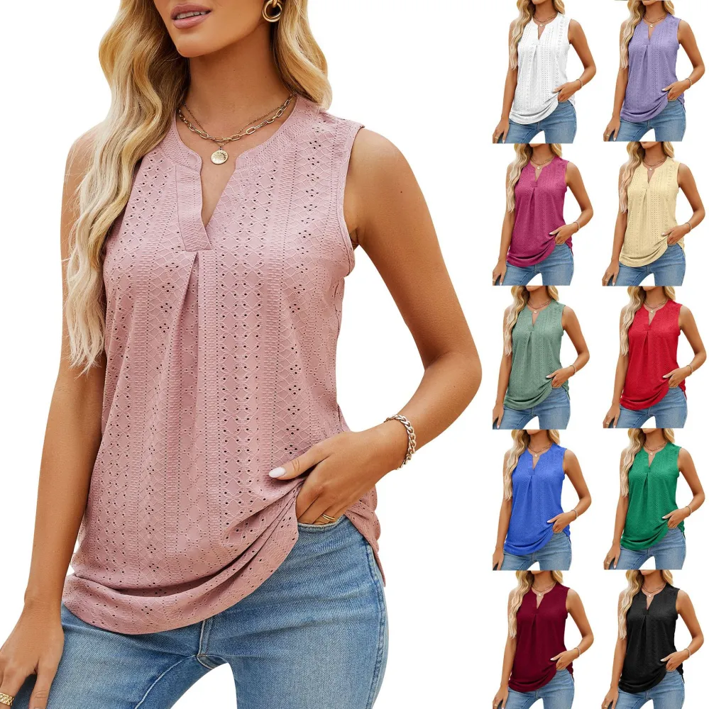 Women‘s Casual Summer Tops Plus Size Fashion Clothes Sleeveless Blouses Club Tops Sleeveless Tank Tops Ladies Deep V-neck Solid Color Boho Tops Camisoles Hollow Out Loose Shirts Beach Wear Lace Tops