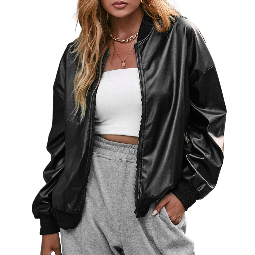 Women's PU Leather Coat, Black Long Sleeve Zipper Closure Cardigan Locomotive Style Outwear Baseball Uniform Jacket