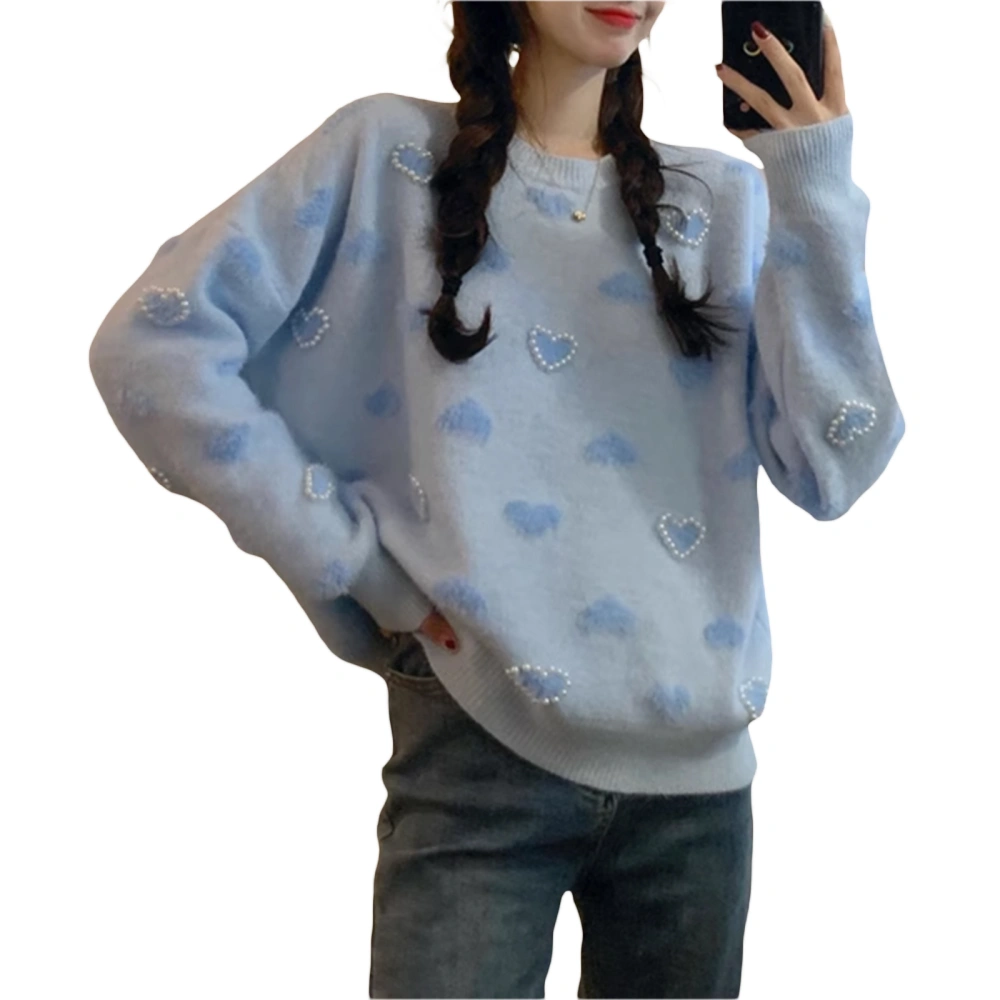 Women Pullover Sweater Tops Pearl Heart Pattern Loose Cute Soft Long Sleeve Knitwear Fall Warm Streetwear