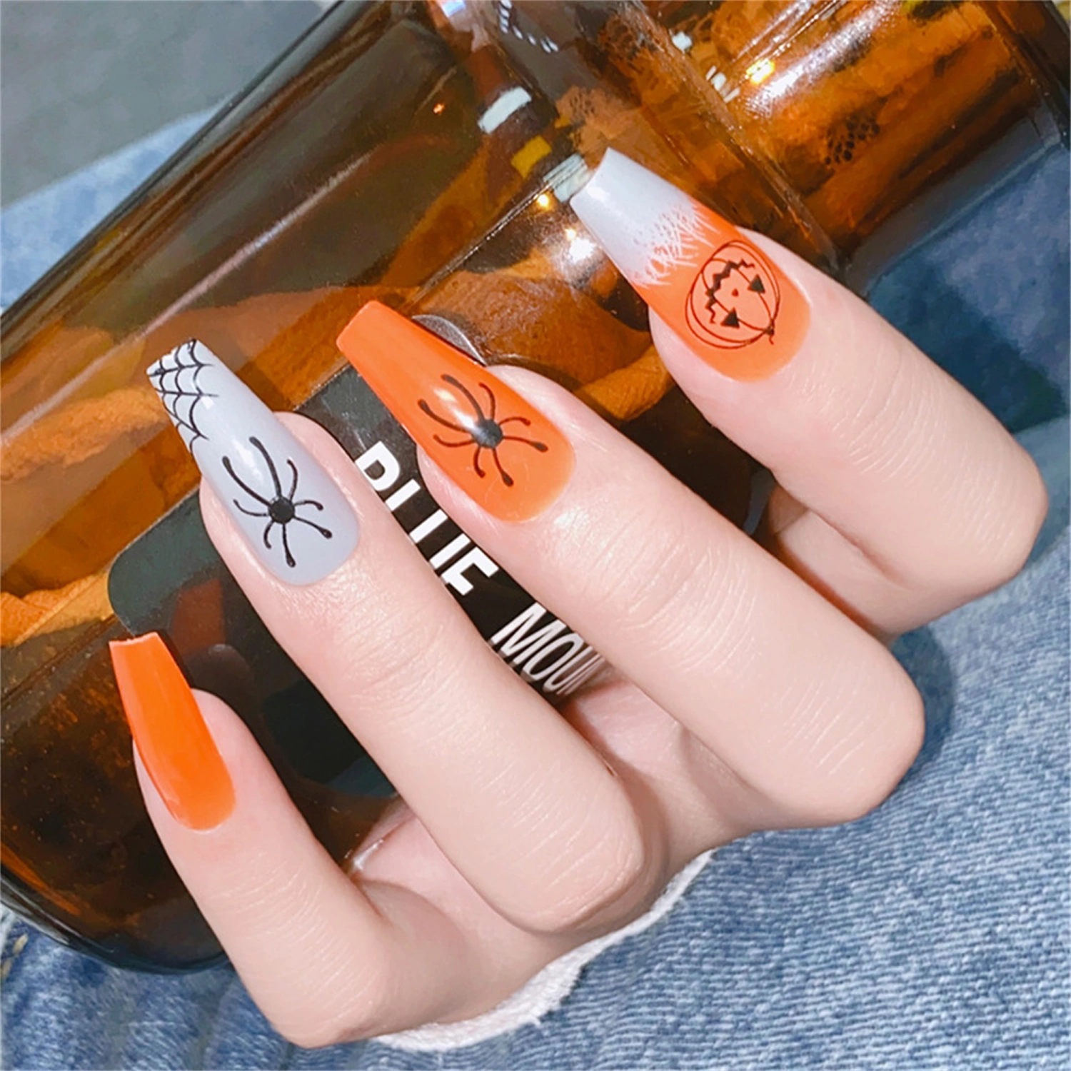 Halloween Fake Nails, DIY Pumpkin False Nail Tips Nail Art Manicure Salon Supplies