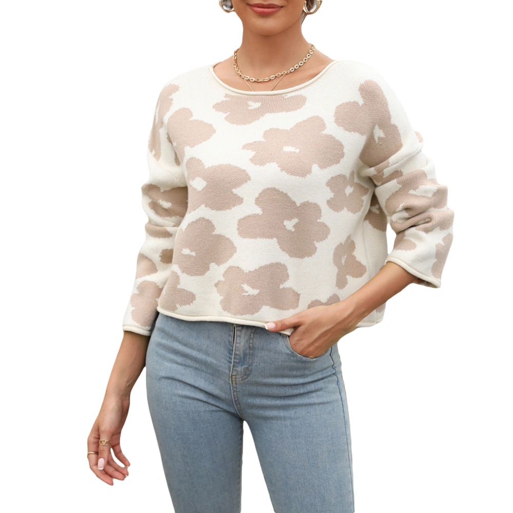 Women's Flower Print Knit Tops Round Neck Long Sleeve Cropped Spring Fall Sweaters Knitwear