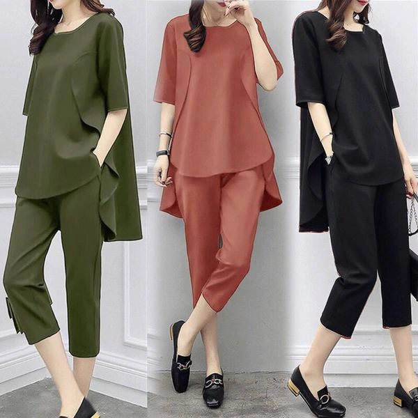 3 Color Women's Two Piece Sets Clothing Half Sleeve Asymmetric Tops Loose Harem Pants Plus Size