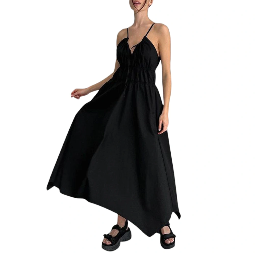 Women's Summer Slip Dress Solid Color Sleeveless V Neck Asymmetric Hem Midi A-Line Dress