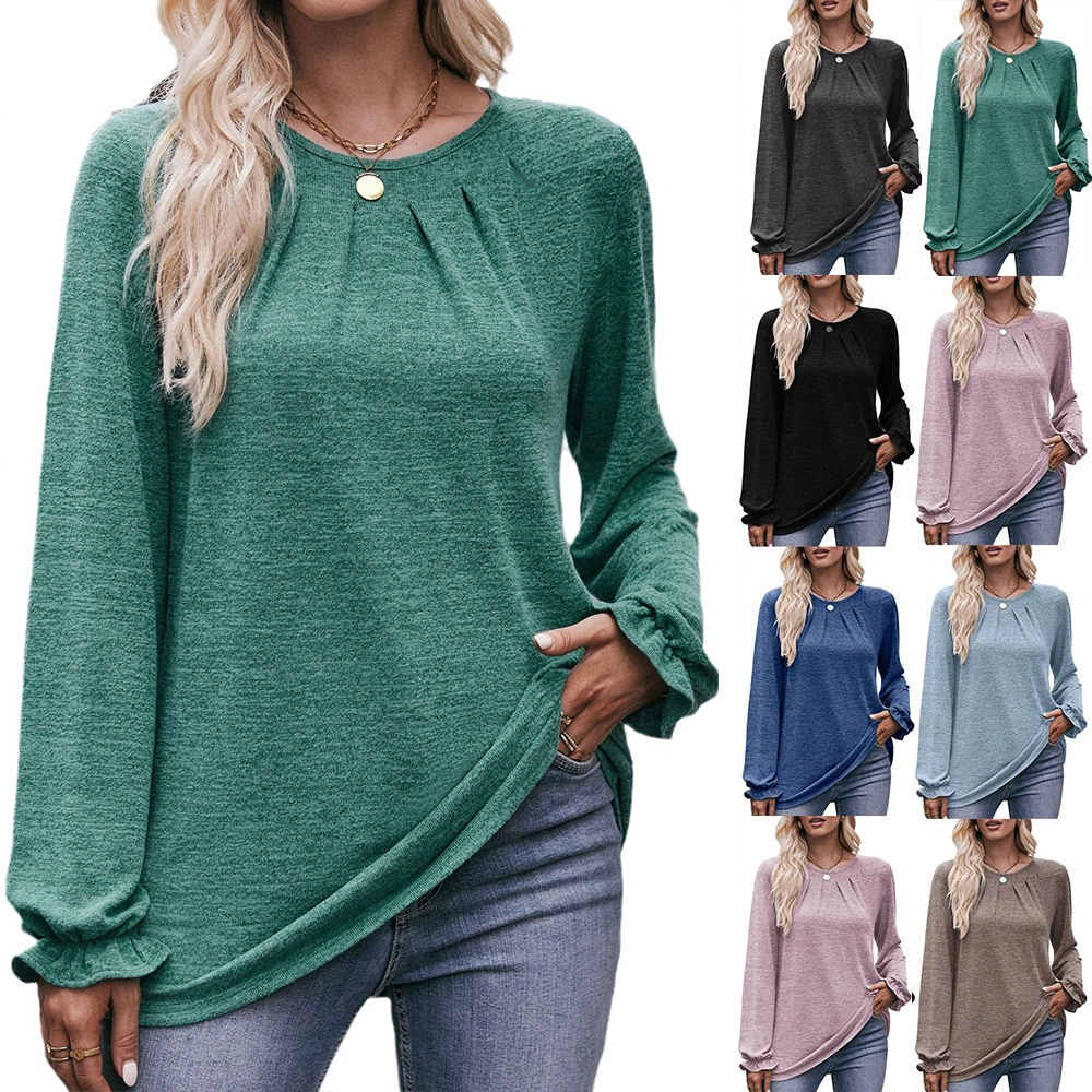 Women Casual Tops Plus Size Fashion Clothes Women Autumn and Winter Tops Solid Color Ruffles Shirts O-neck Loose Blouses Ladies Plus Size Pullovers Long Sleeve Cotton T-shirts