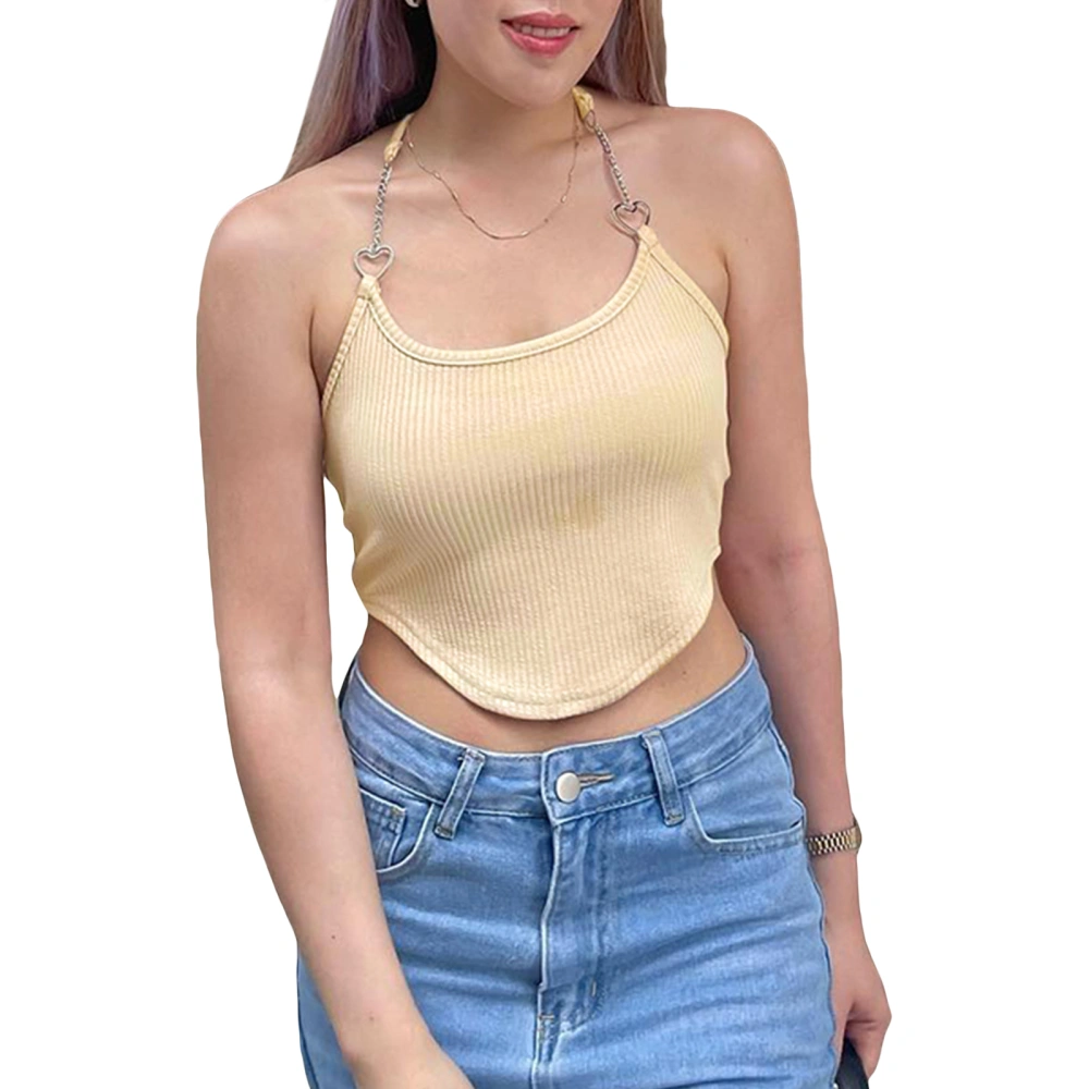 Women Rib Knit Tank Tops Solid Color Tie-Up Chain Halter Neck Vests Summer Slim Fit Sleeveless Cropped Tops Streetwear