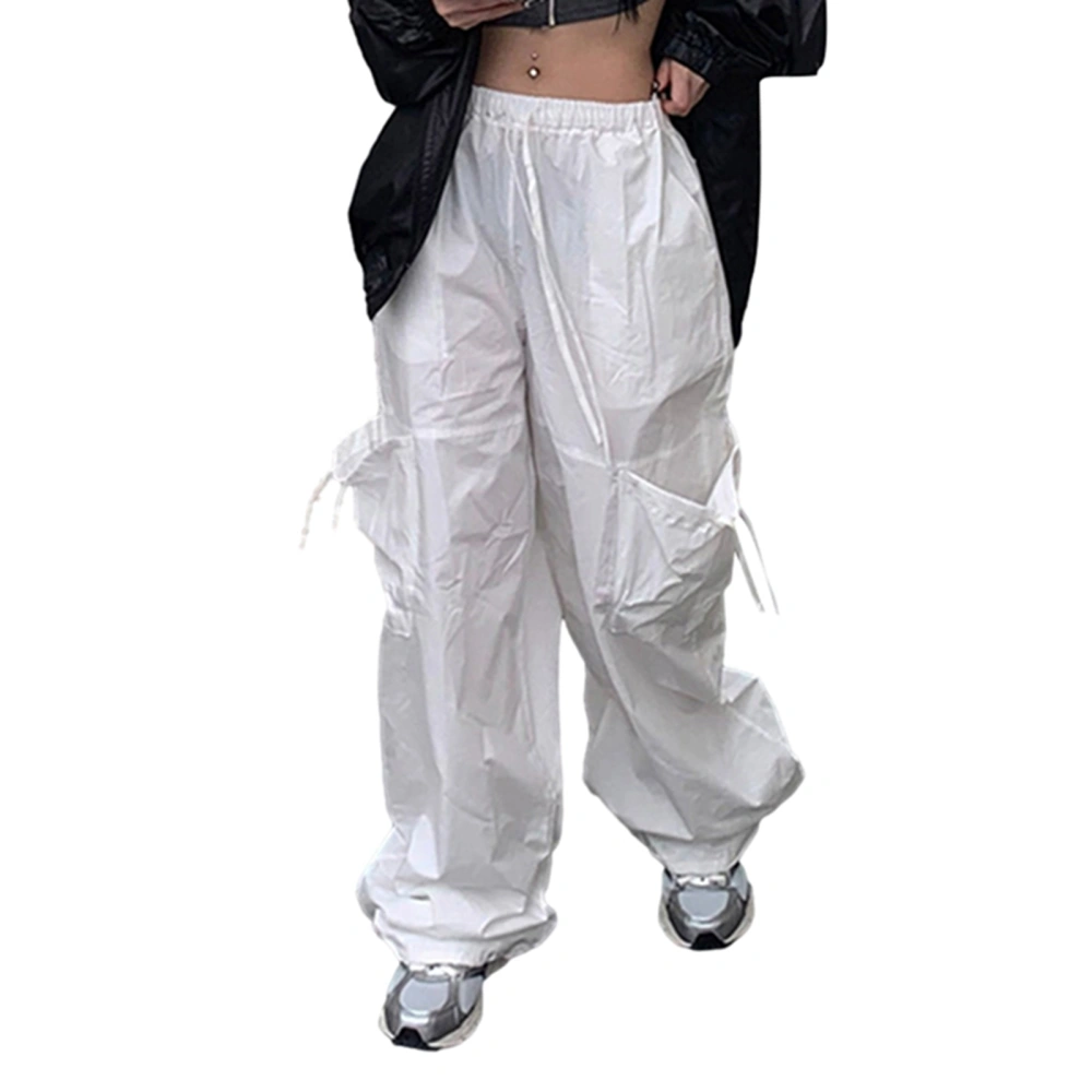 Women's Baggy Cargo Pants Drawstring High Waist Solid Color Parachute Pants Long Trousers with Big Pockets