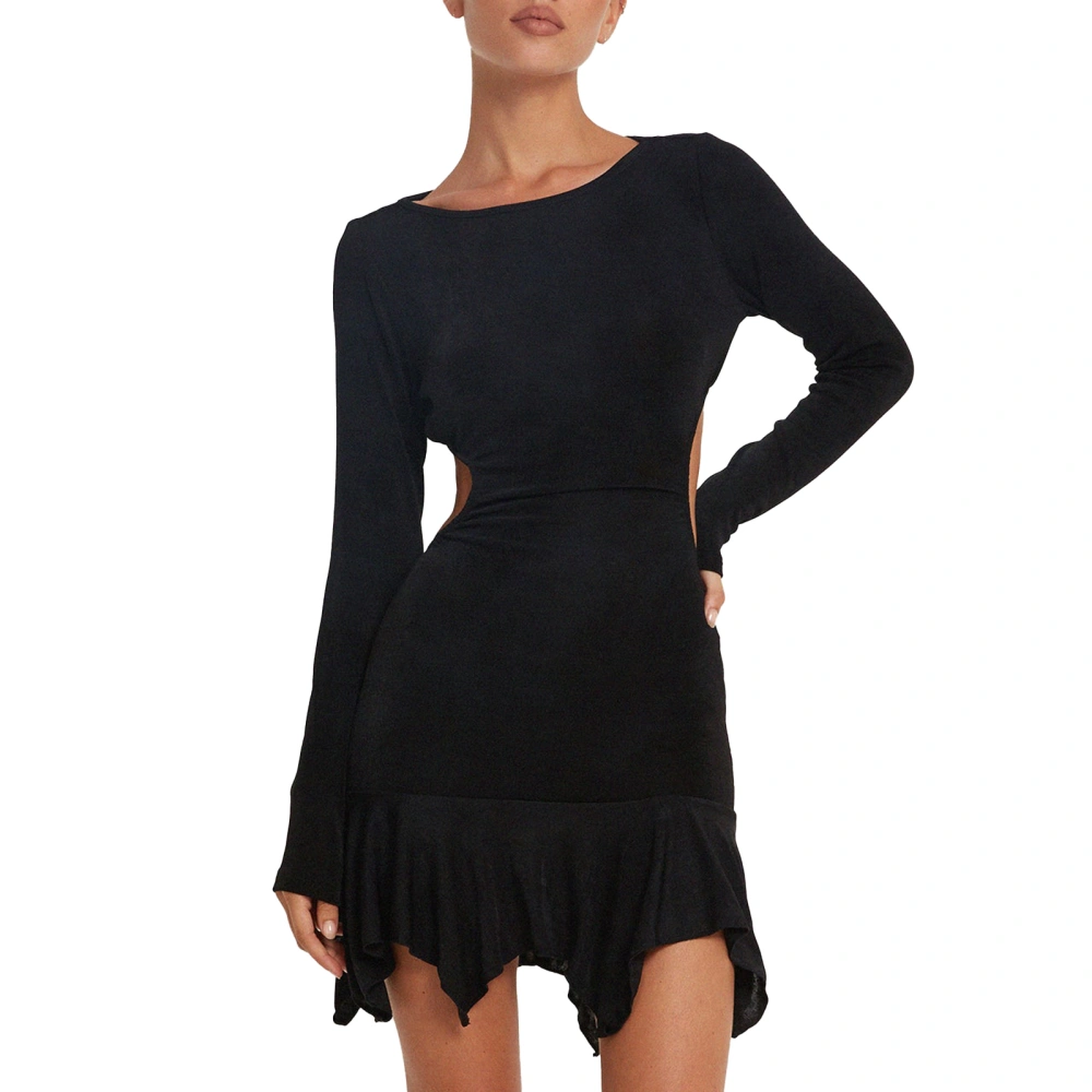 Women Mini Dress, Long Sleeve Crew Neck Hollowed Solid Color Cocktail Dress Fall Dress