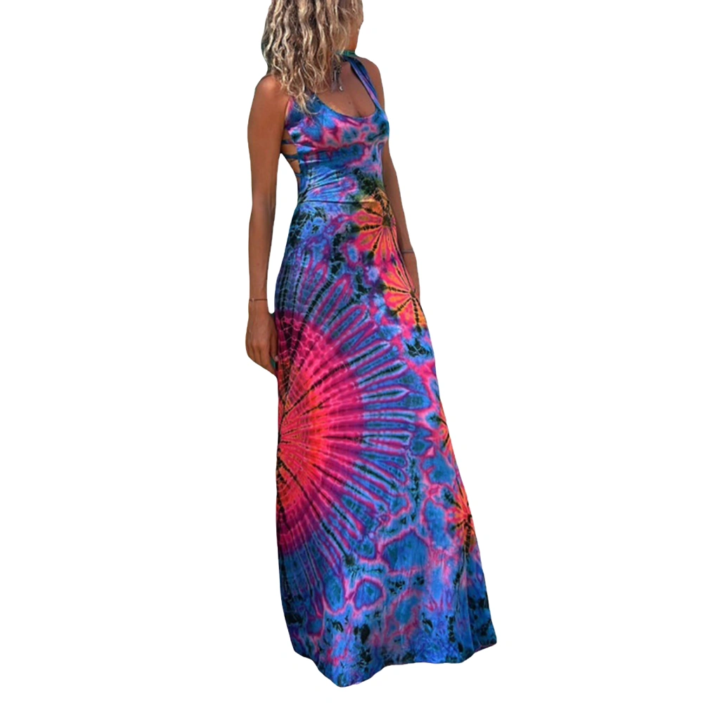 Women Summer Casual Long Dress Tie-Dye Print U-Neck Sleeveless Dress Fashion Cross Backless Dress