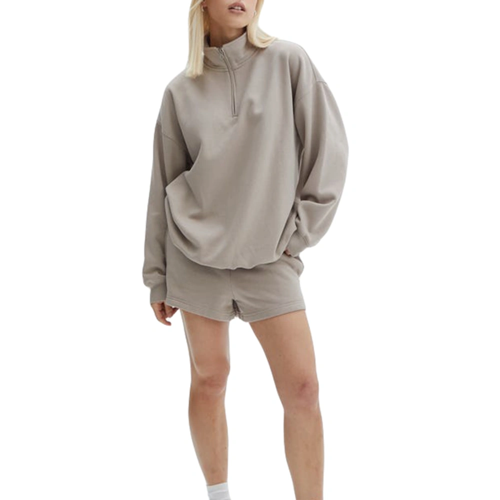 Women Shorts Set, Long Sleeve Stand Collar Zipped Sweatshirt with Shorts Activewear Fall Outfit