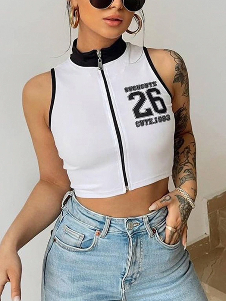 Women Fashion Camis E-girl Sleeveless Stand Collar Zip Up Camisole Tees Slim Fit Letter Print Show Navel Tank Tops T-shirts