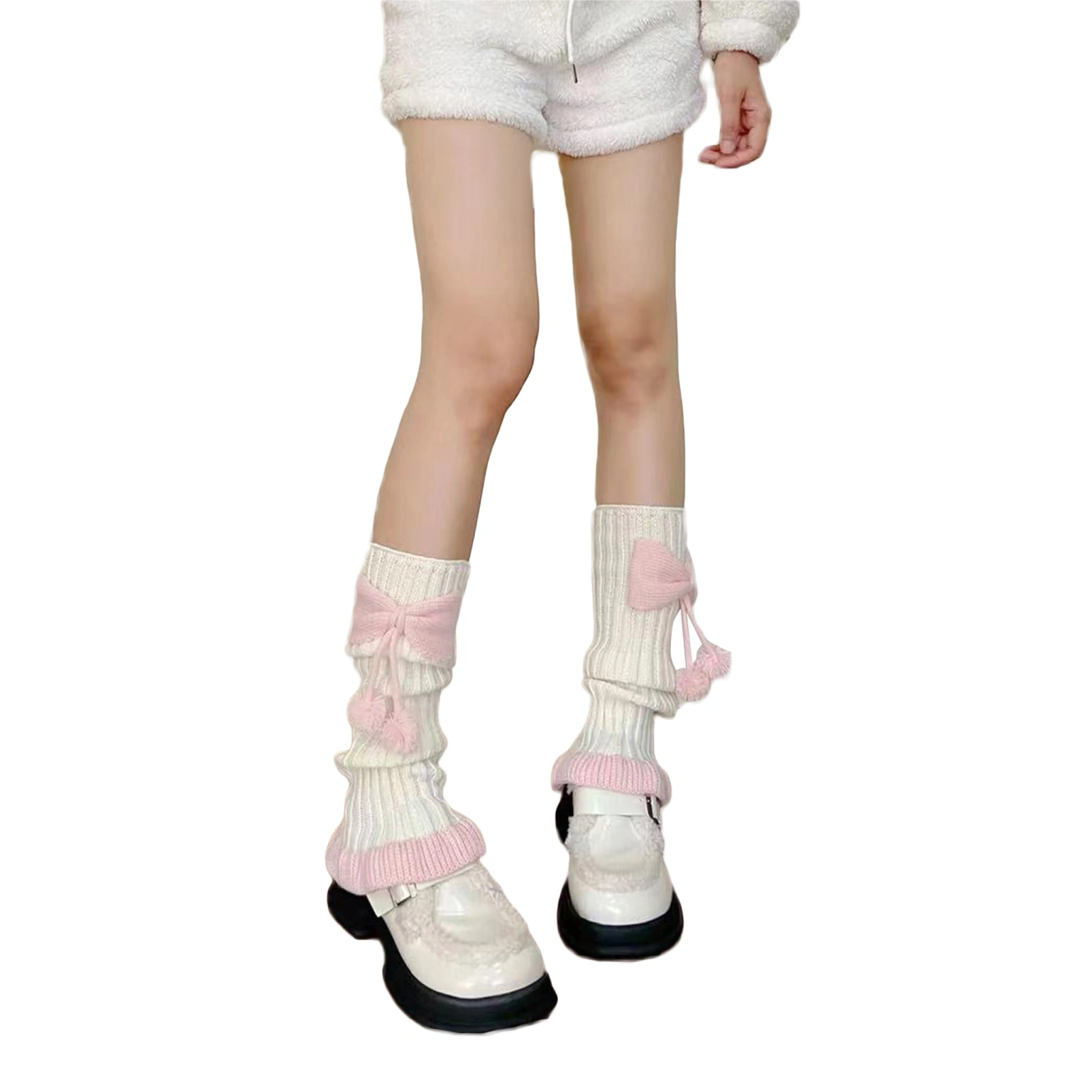Women's Ribbed Knit Leg Warmers, Lolita Knee High Socks with Bow