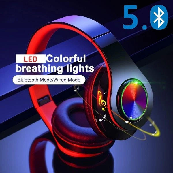 [Bluetooth5.0, 8D Stereo Surround] Wireless Bluetooth Headphones Portable Folding Bluetooth Headset Waterproof Sport Earphone Support TF Card Aux Input Mp3 Player with LED Colorful Breathing Lights