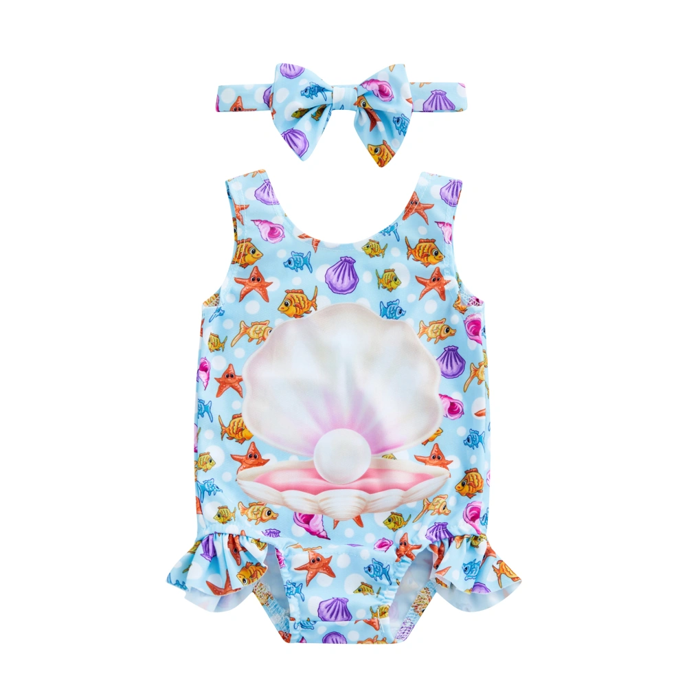 Kids Girls Casual Swimwear Romper, Cartoon Printed Sleeveless Ruffled Beachwear Bodysuit