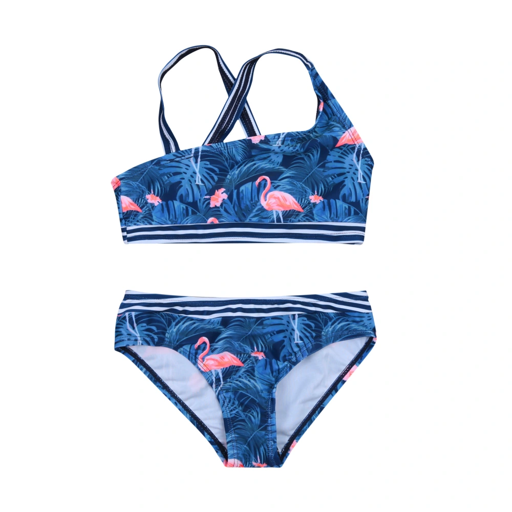 2 Pieces Kids Swimsuits, Flamingo Print Sleeveless Tops+ High Waist Panties for Baby Girls, Dark Blue, 2-9 Years