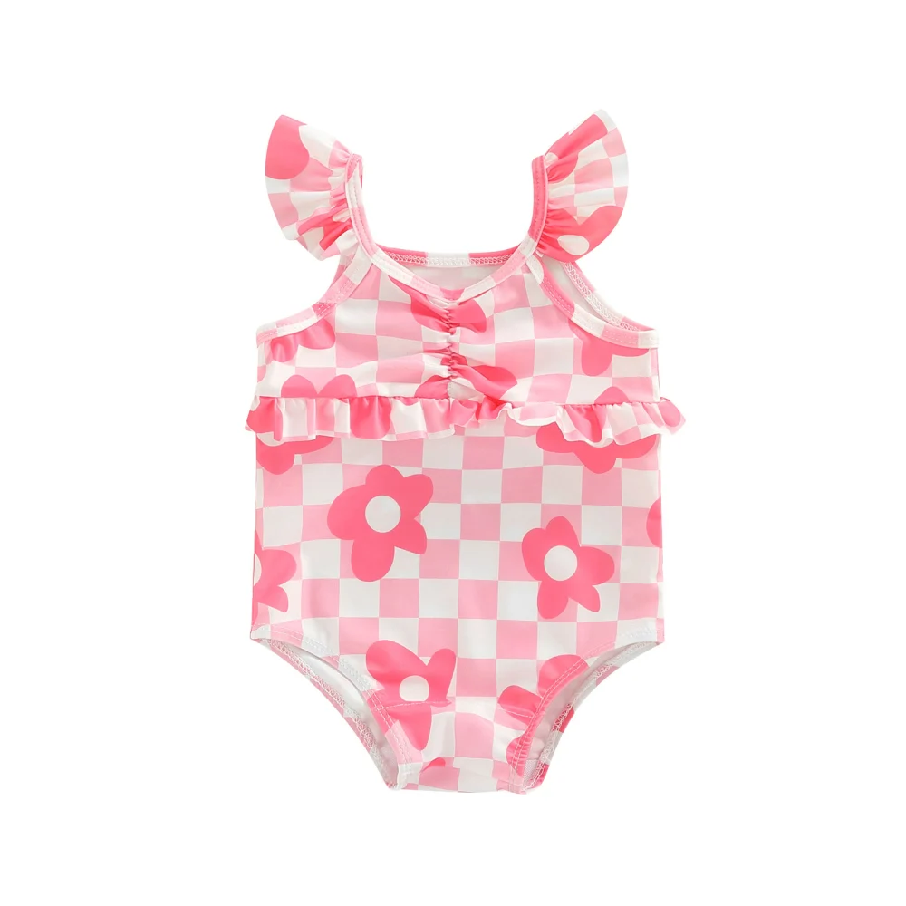 Baby Girl One Piece Swimsuits Floral Plaid Print Fly Sleeve Jumpsuit Swimwear Beachwear Bathing Suit