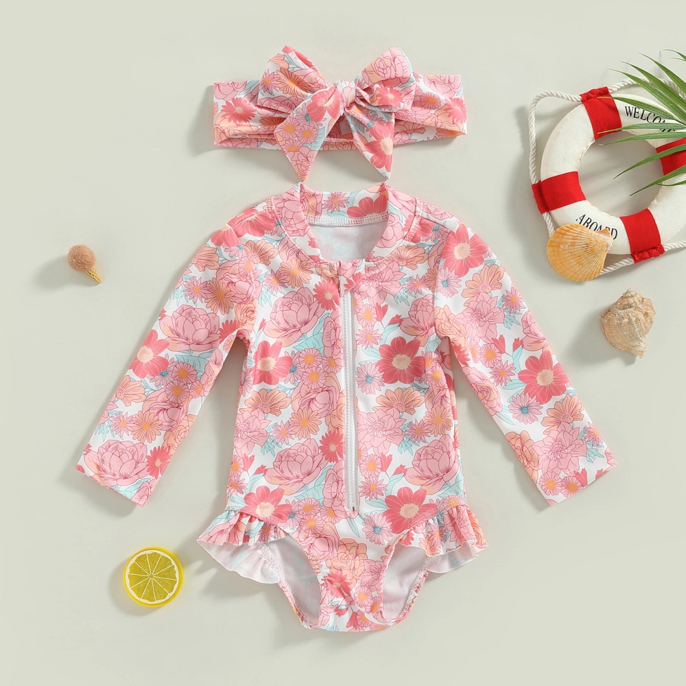 Kids Girls Rash Guard Swimsuit Romper Flamingo/Flower Print Zipper Long Sleeve Sun Protection Bathing Suit with Headwear