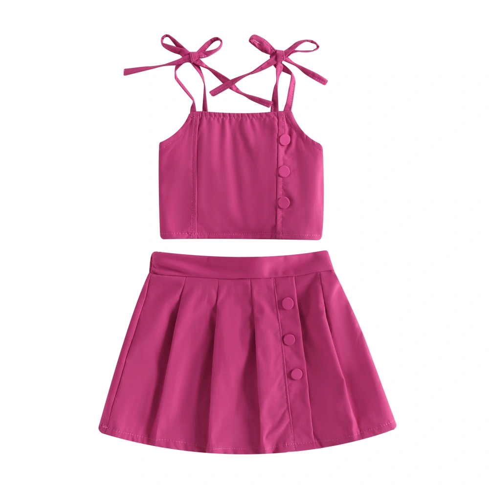 2Pcs Kids Girls Summer Outfits, Tie Shoulder Solid Color Cami Tops + Mini Pleated Skirt Set