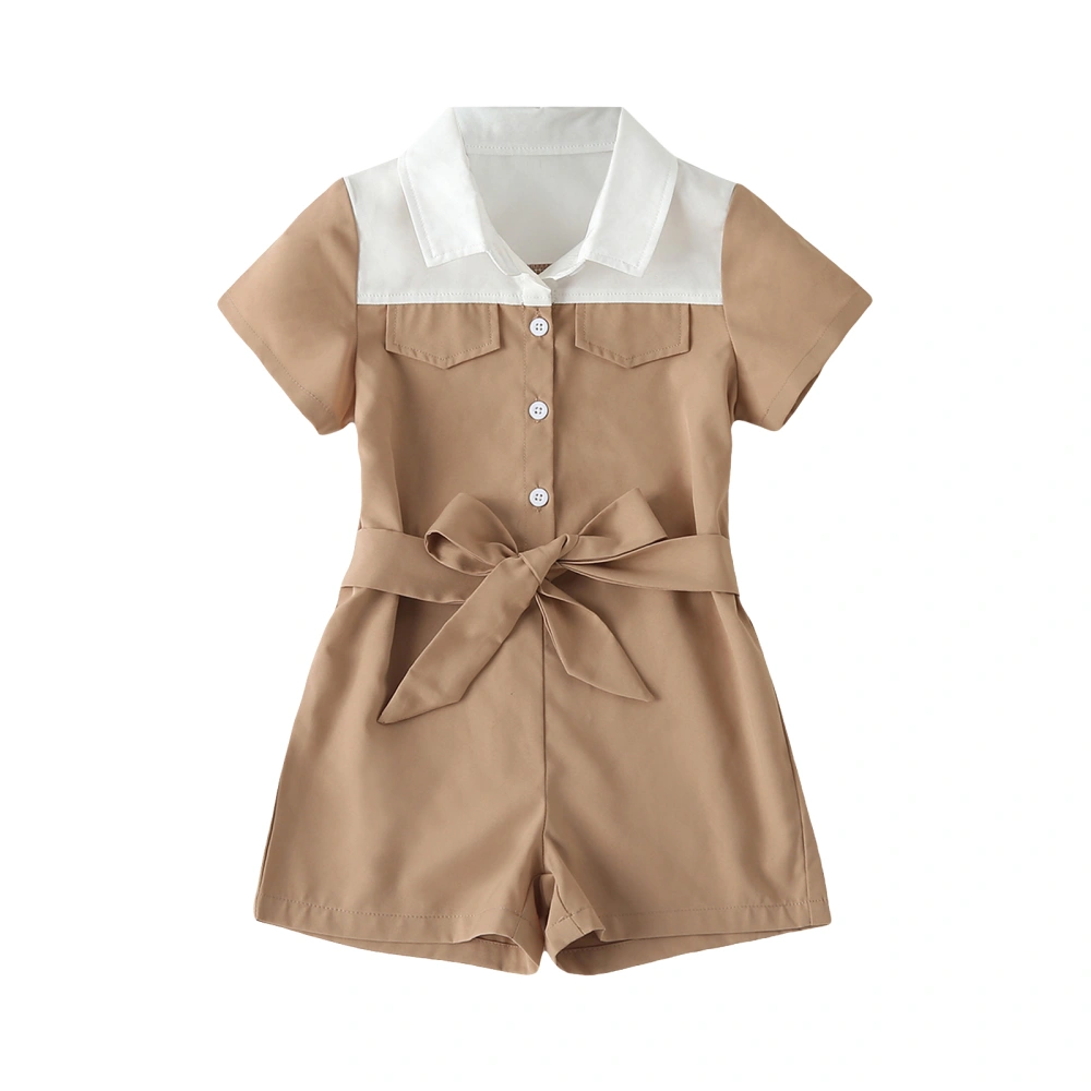 Kids Girls Playsuits Contrast Color Single-Breasted Turn-Down Collar Short Sleeve Romper Summer Short Jumpsuits with Belt