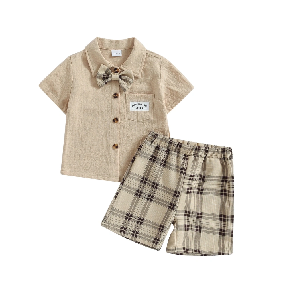 Baby Kids Boys Shorts Set, Short Sleeve Turn-down Collar Shirt with Plaid Shorts and Bowtie