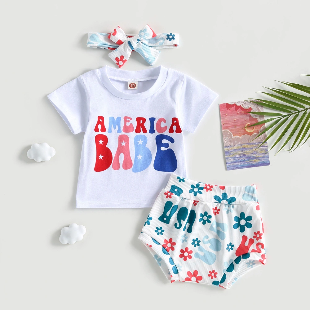 Independence Day Baby Girls Outfits Summer Letter Print Short Sleeve T-shirt and Elastic Shorts Headband Set