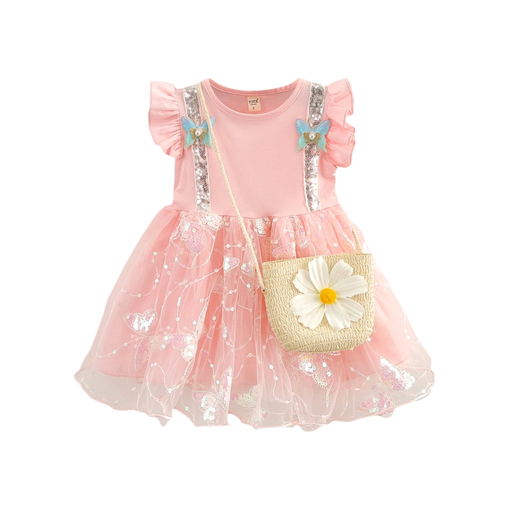 Toddler Girl 2Pcs Summer Outfits, Sleeveless Ruffle Butterfly Sequin Dress + Straw Bag Set