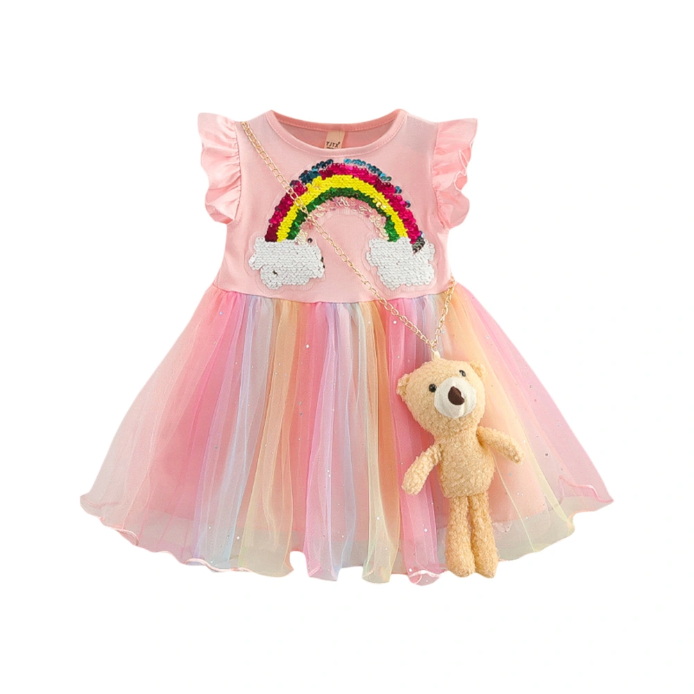 Kids Girl Dresses, Sleeveless Round Neck Rainbow Ruffled Princess A-Lined Party High Waist Dress