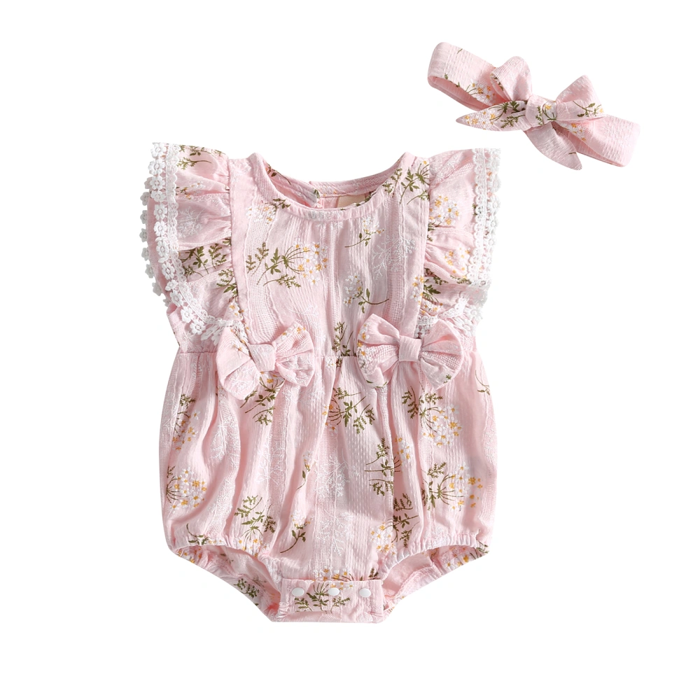 Infant Baby Girls Romper Flower Pattern Lace Trim Fly Sleeve Crew Neck Bodysuits Summer Jumpsuits with Headband