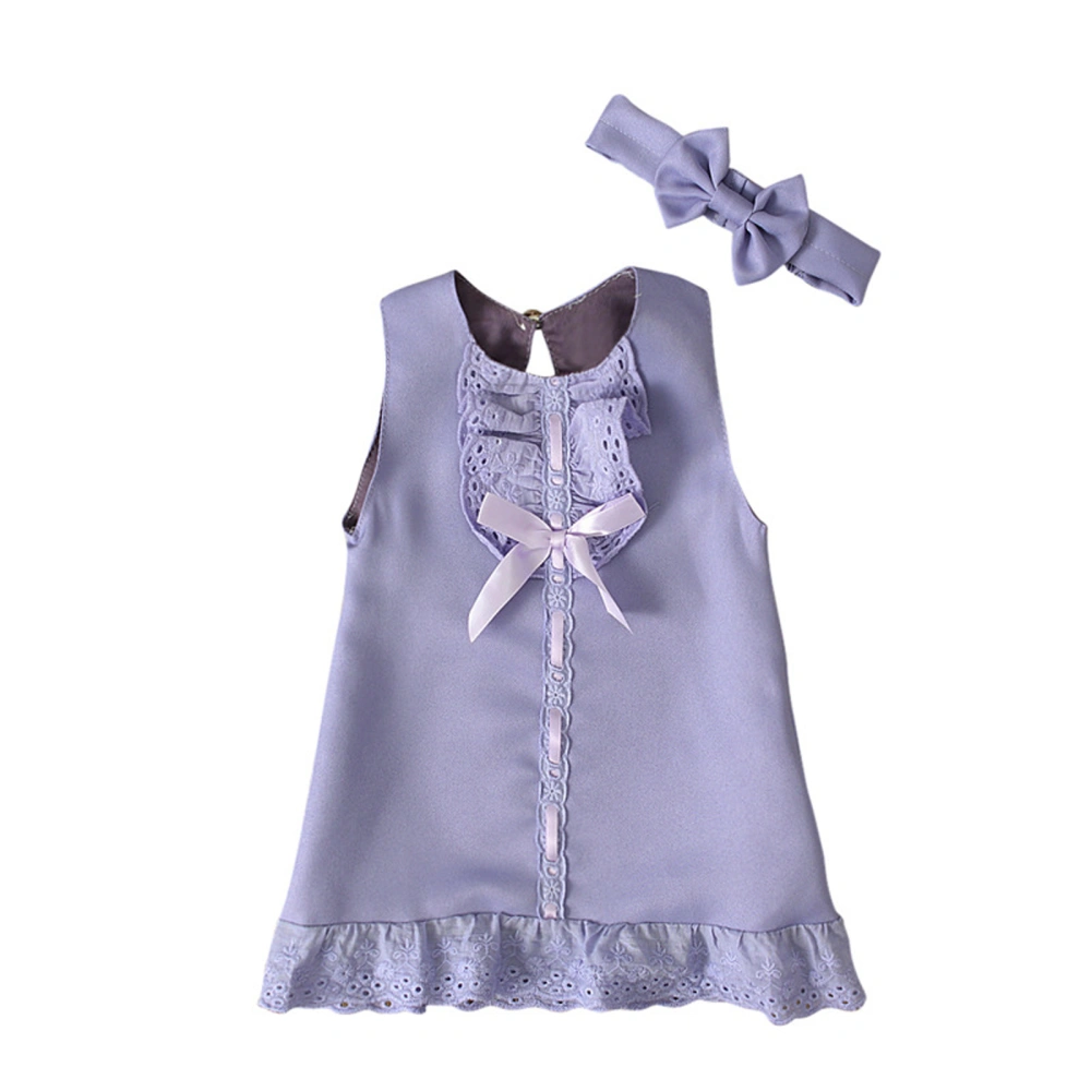 Baby Girls Summer A-line Dresses Sleeveless O Neck Lace Trim Bow Dress + Headband