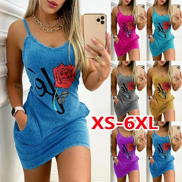 Womens Fashion Summer Clothing Casual Sleeveless Floral Prited Halter Dress with Pockets Sexy V-neck Party Club Mini Tank Top Dresses Ladies Plus Size Cami Dress