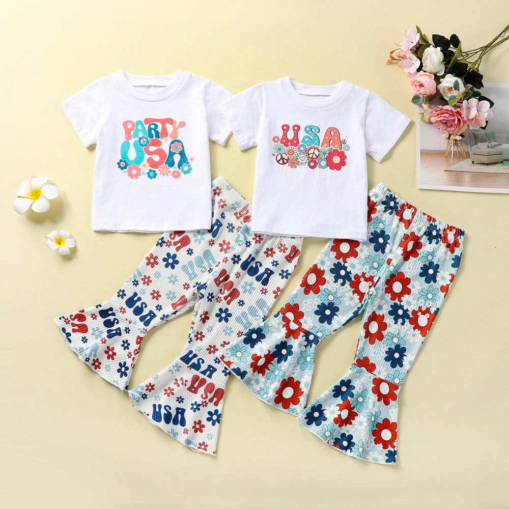 Baby Girls Pants Set, Short Sleeve Crew Neck Letters Print T-shirt with Flower Print Flare Pants