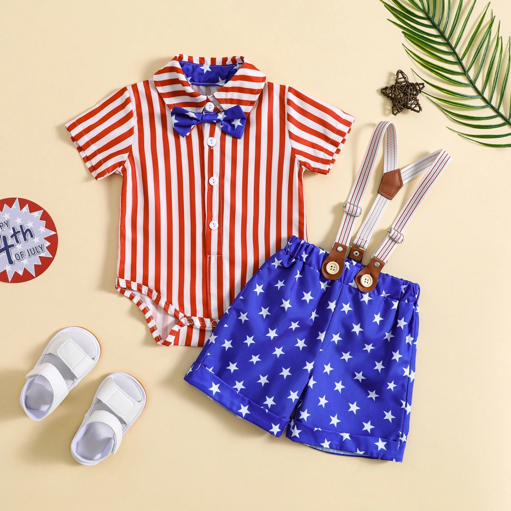 Baby Boys 4th of July Outfits, Short Sleeve Bowtie Romper + Suspender Shorts Set