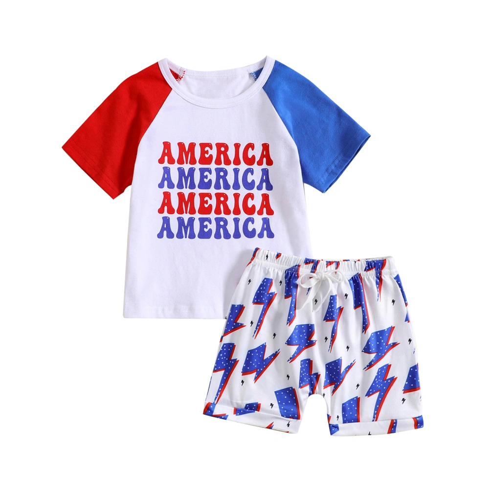 4th of July Infant Boys Outfits Letter Print Contrast Color Short Sleeve T-Shirts Lightning Print Shorts 2Pcs Clothes Set