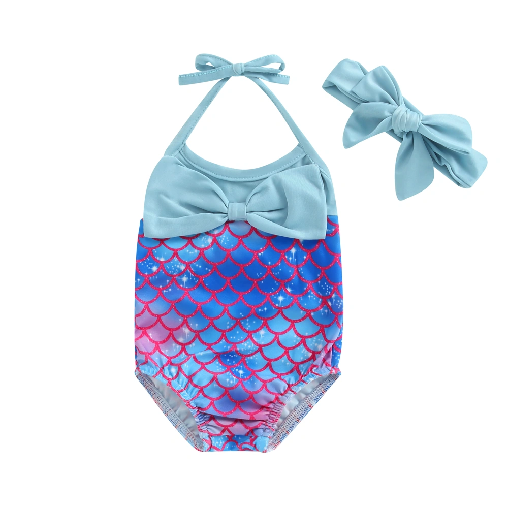 Baby Girl Swimsuits Summer Fish Scale Print Bow Halter Neck Romper Beachwear Bathing Suits